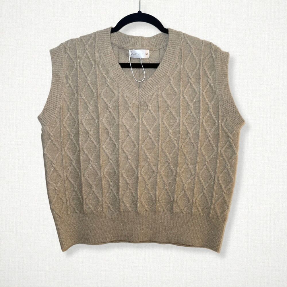 Knit Mix Womens M Tan Beige Gold Metallic Thread Cable Knit Sweater Vest